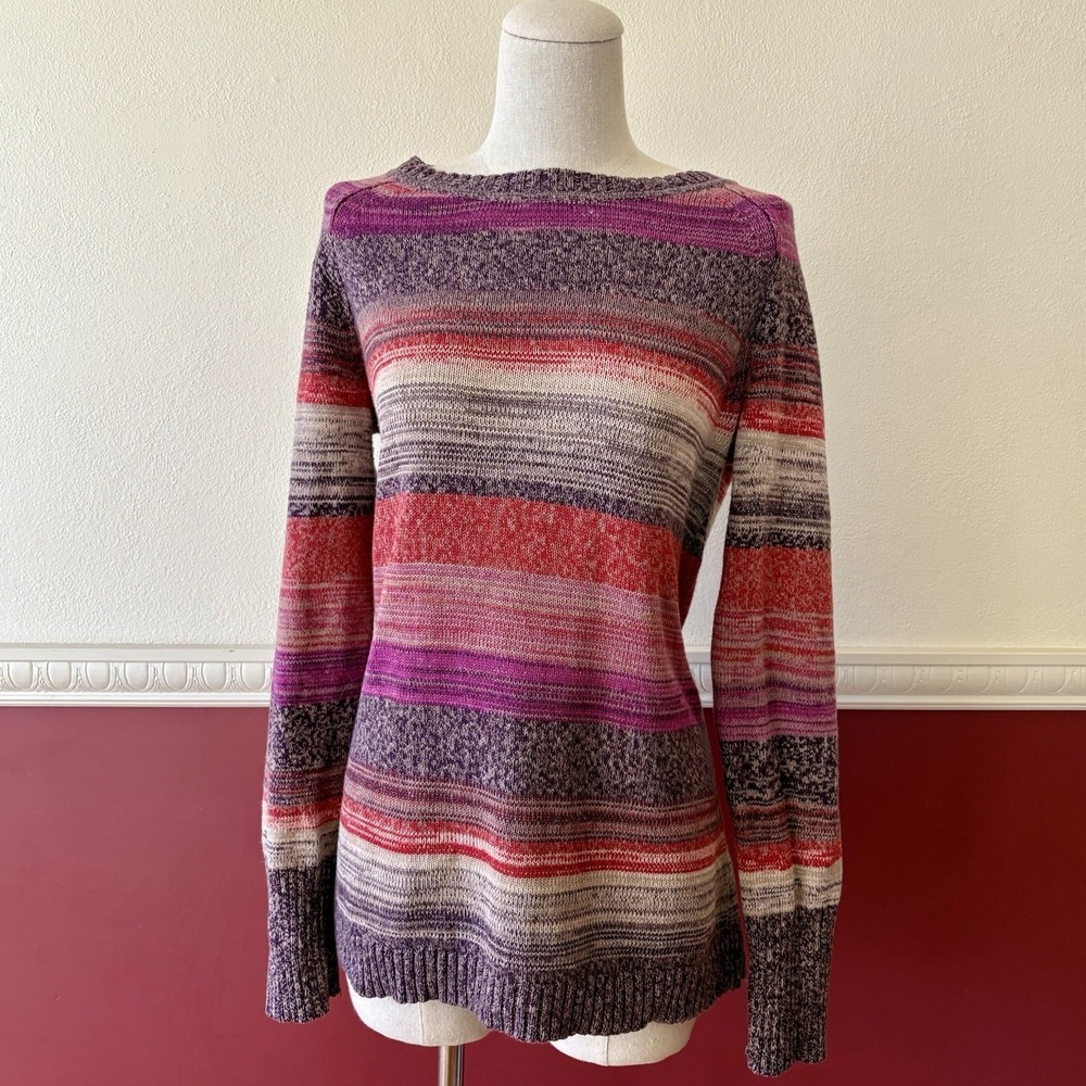 Eddie Bauer Sweater Women's L Colorful Stripe Cotton Stretch Pullover Purple Red